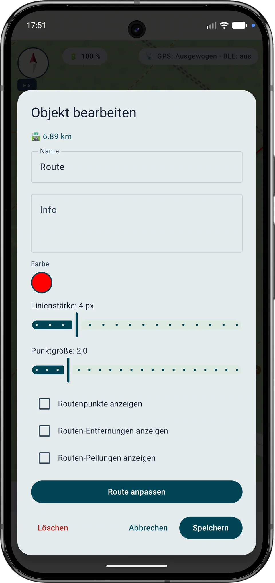 Dialog Objekt bearbeiten mit der Aktion Route anpassen