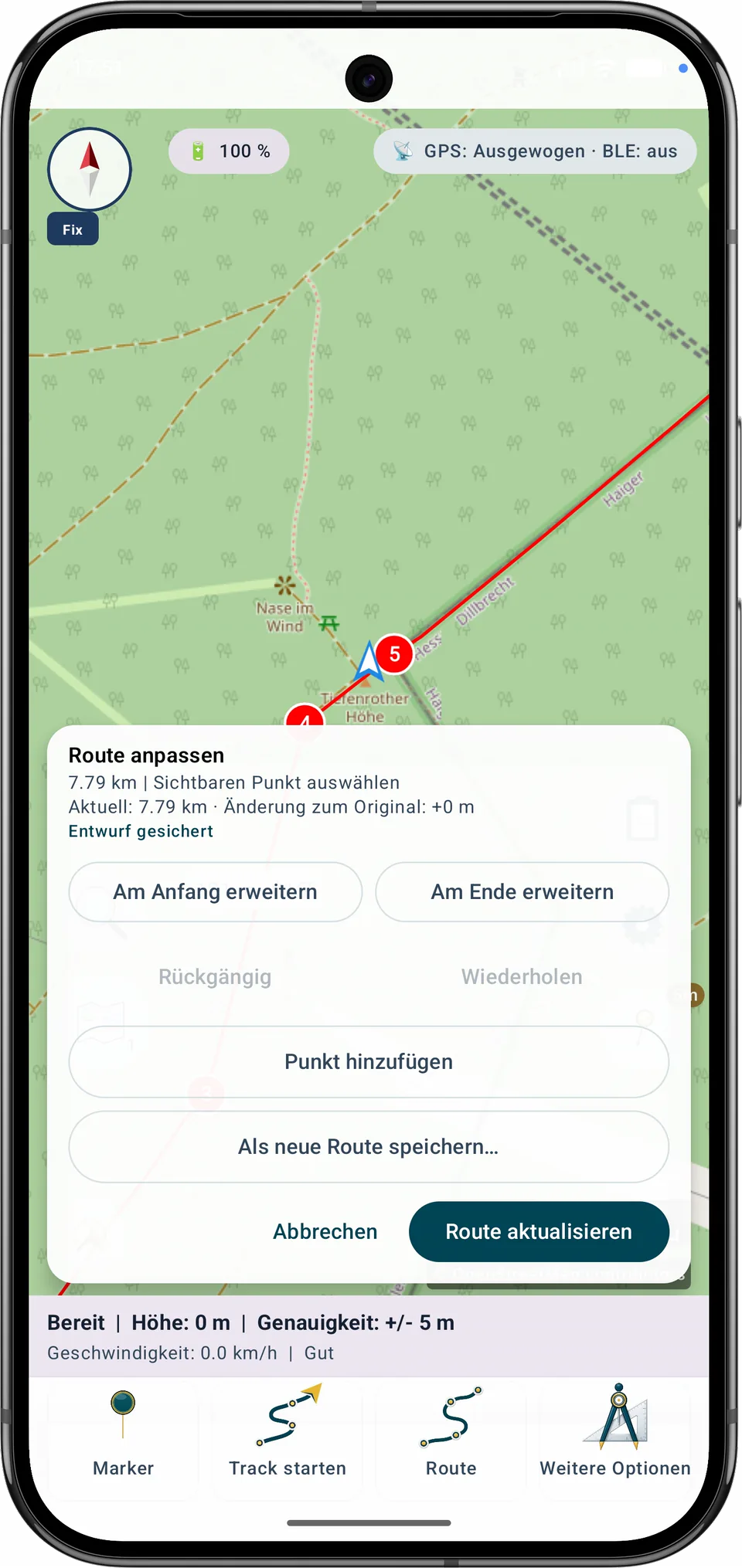 Ausgewählter nummerierter Kontrollpunkt in der Routenanpassung
