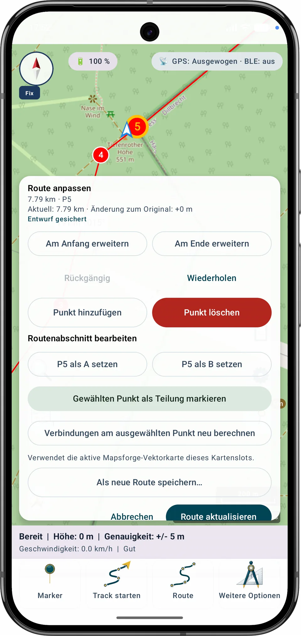 Punkt P5 zum Markieren als Teilungsstelle ausgewählt