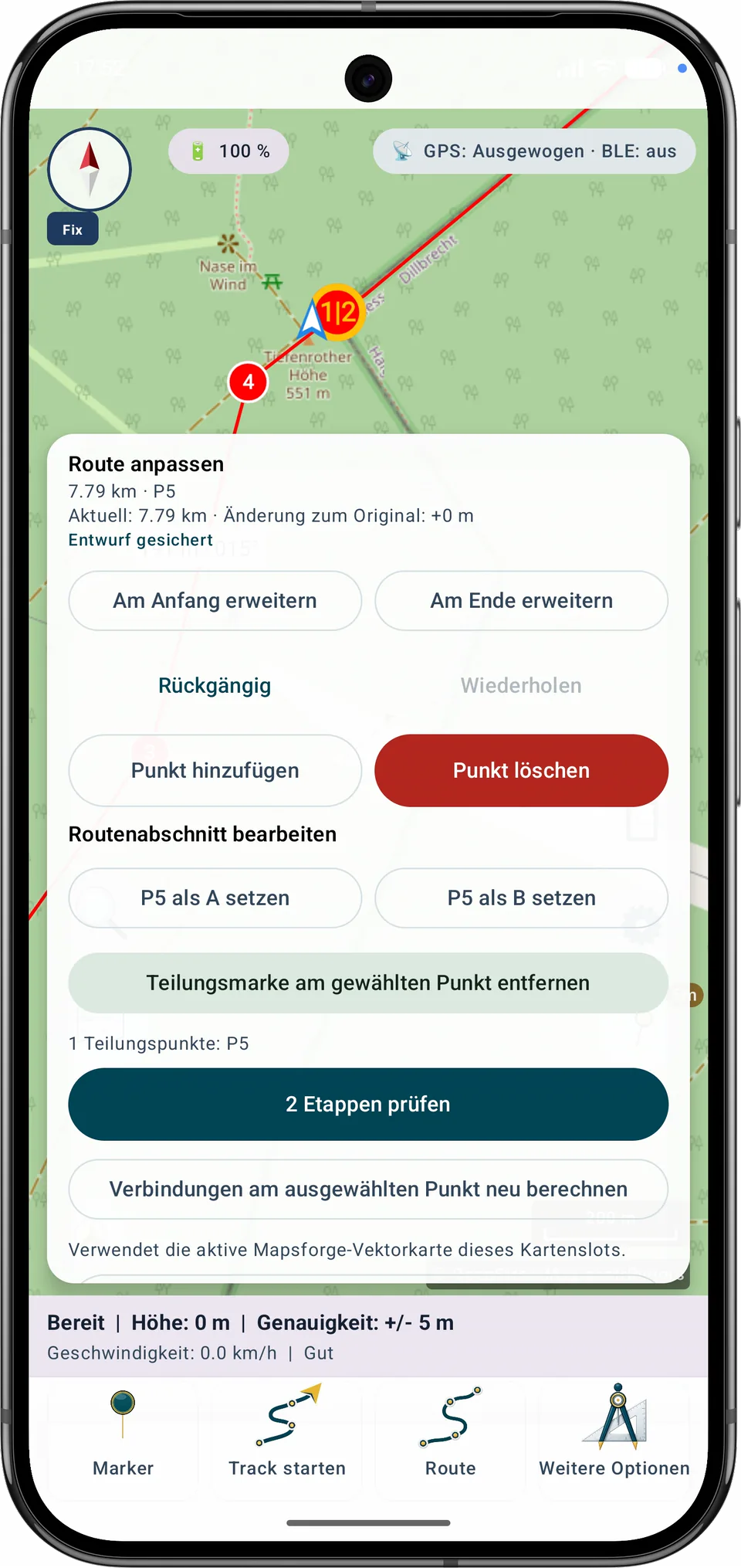 Routenanpassung mit markiertem Teilungspunkt