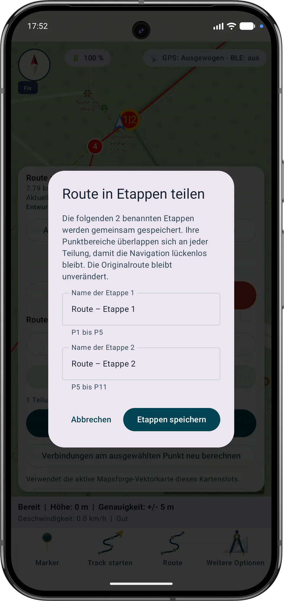 Dialog Route in Etappen teilen mit zwei Etappennamen