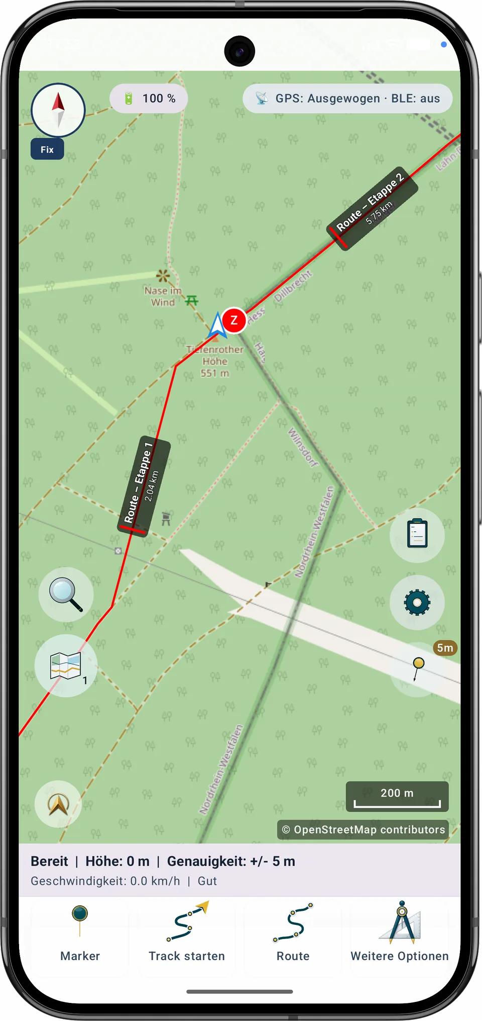 Zwei gespeicherte Routenetappen auf der Karte