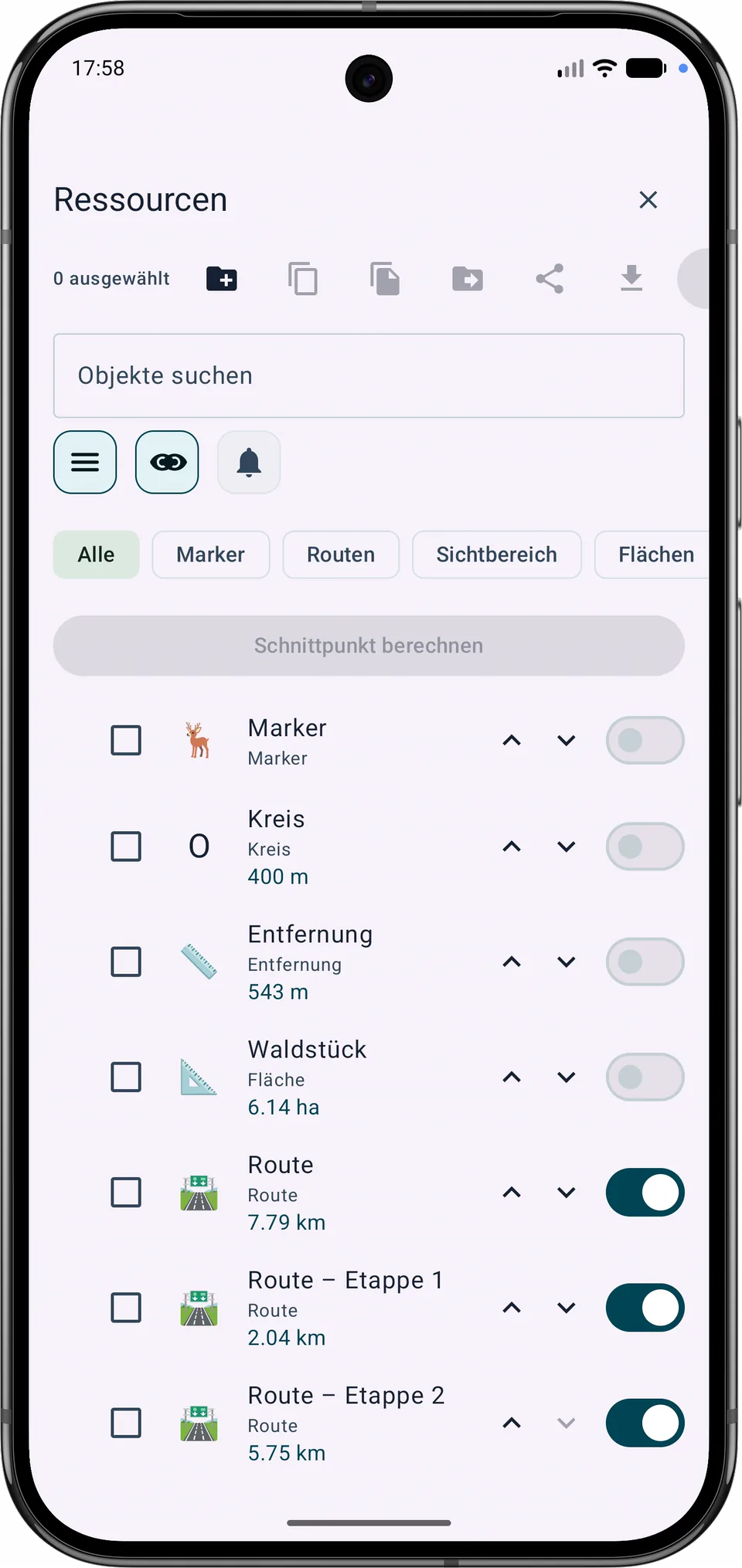 Ausgangsroute und zwei Etappen im Objektbrowser