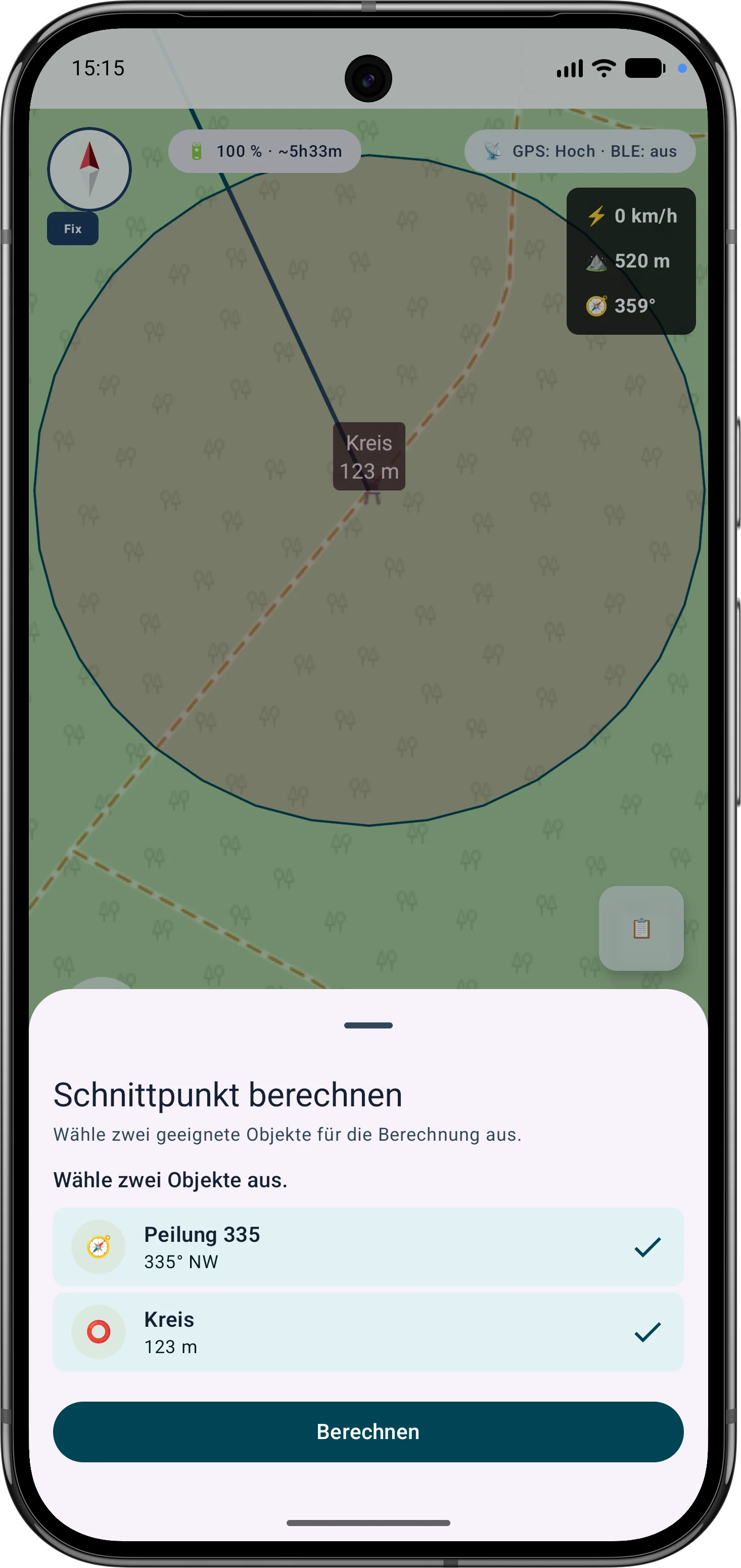 Schnittpunktberechnung aus Peilung und Kreis