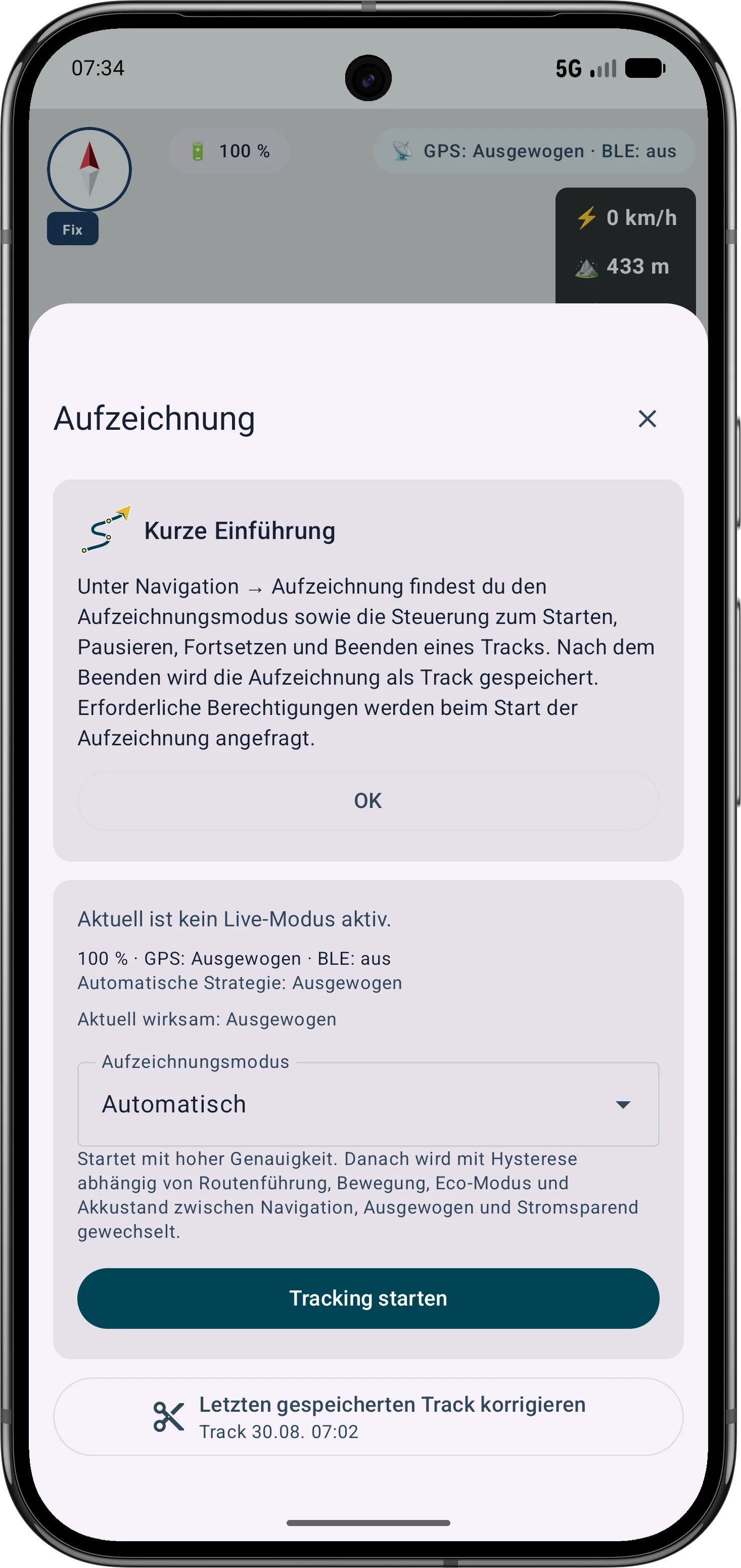 Ein versehentlich zu spät beendetes Trackende nachträglich per Karte, Punktliste oder Zeitpunkt korrigieren